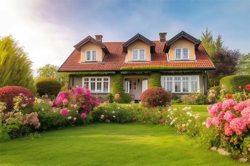 Dom z pięknym ogrodem na wiosnę