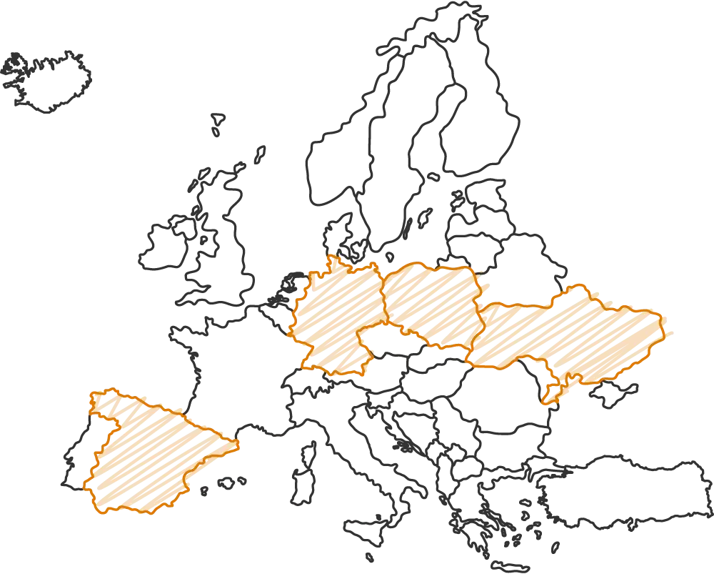 ilustracja - zasięg działalności na mapie Europy z zaznaczonymi krajami